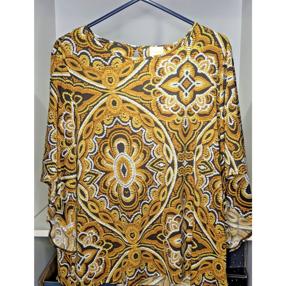 Chicos 2 Bell Sleeve Browns Golds Autumn Polyester Blend Stretch - Picture 8 of 8